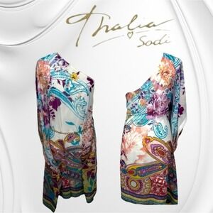 Thalia Sodi One-Shoulder‎ Chiffon Scarf Dress White/Multi Paisley S NEW